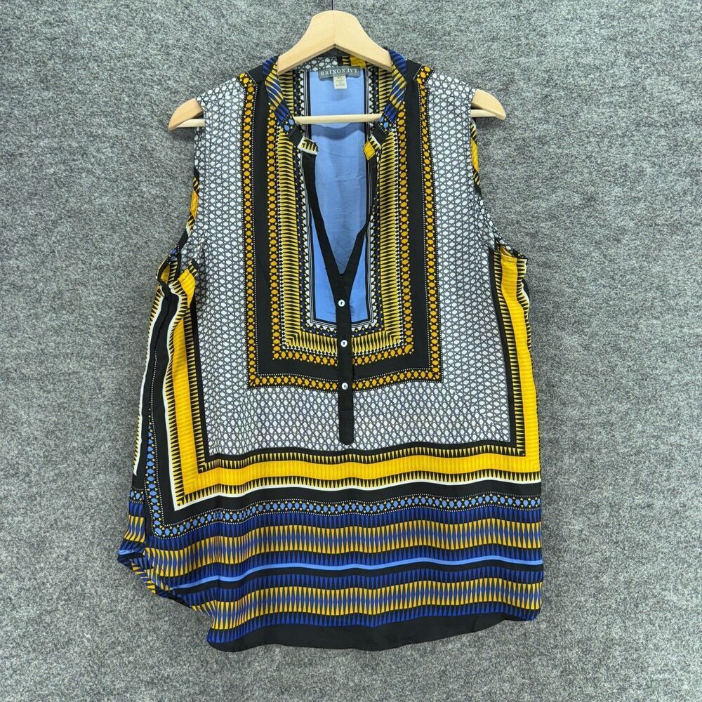 Brixon Ivy Blouse Women XL Black Geometric V-Neck 1/2 Button Sleeveless Casual